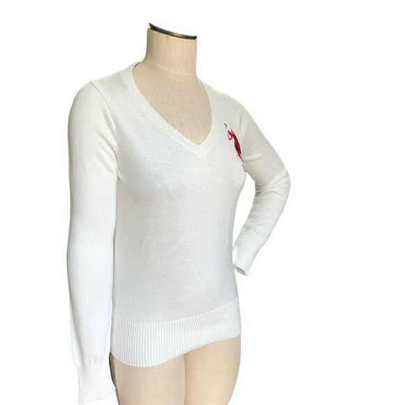 US Polo Assn White V-Neck Sweater Sz Juniors L #68A - Picture 3 of 9